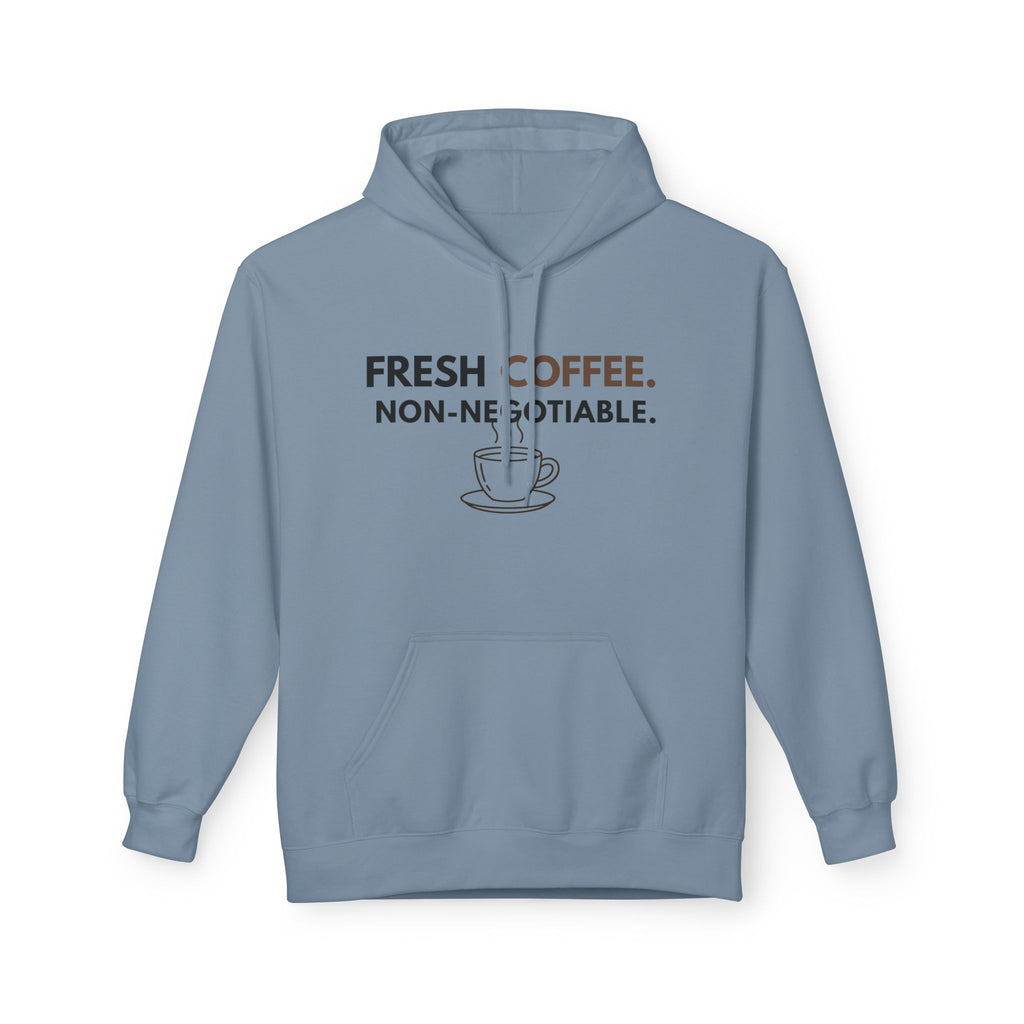 Fresh Coffee Hoodie – JLR© Investigates, stone blue color, flat lay front view