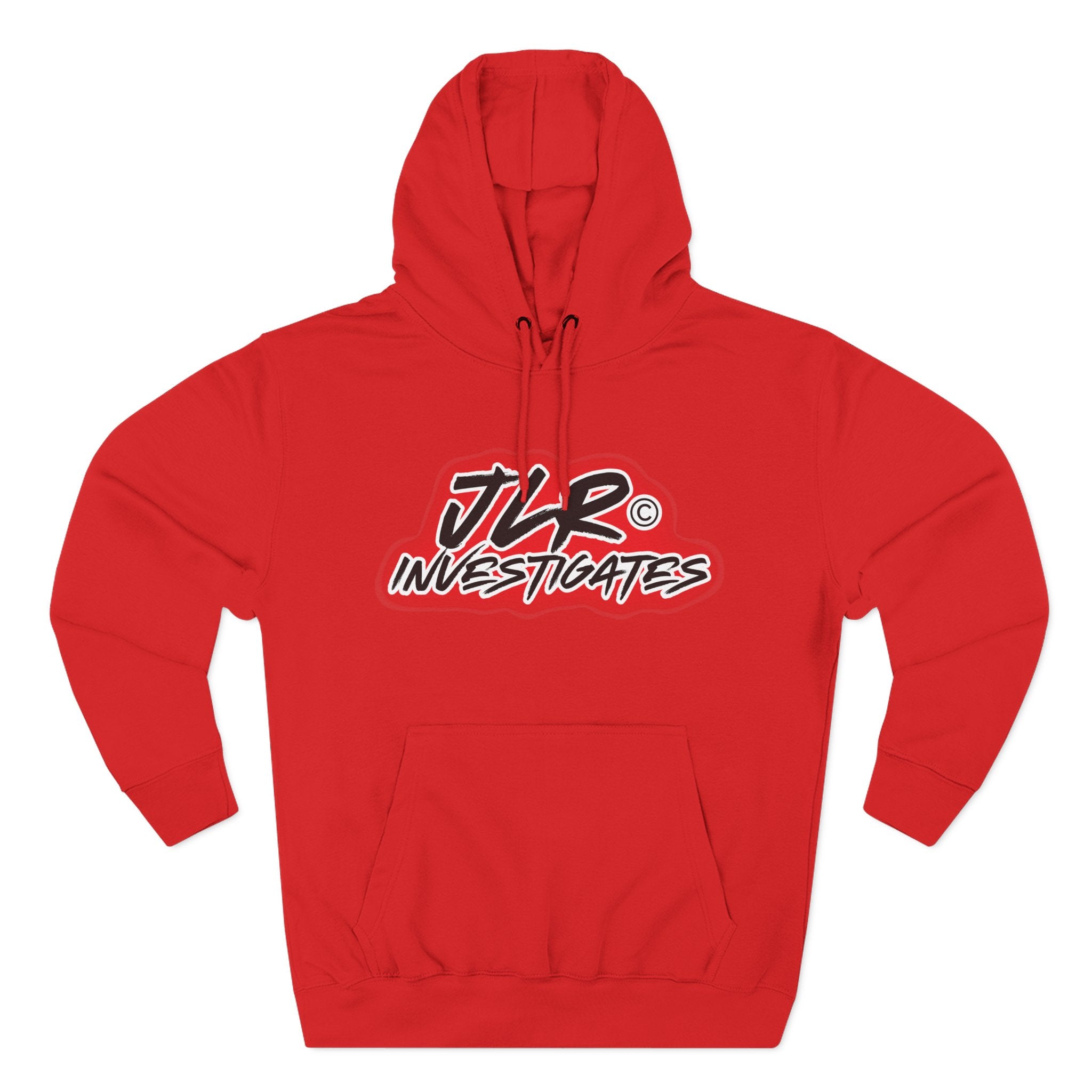 JLR© Bold Logo Hoodie in Red — graffiti-style JLR Investigates graphic on a pullover hoodie with kangaroo pocket and adjustable drawstring hood