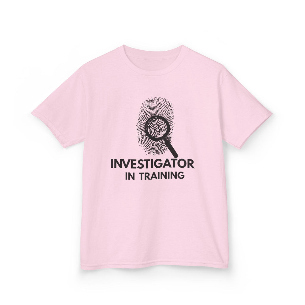 Investigator in Training Kids T-Shirt in Light Pink with bold "INVESTIGATOR IN TRAINING" fingerprint design — perfect gift for young mystery lovers