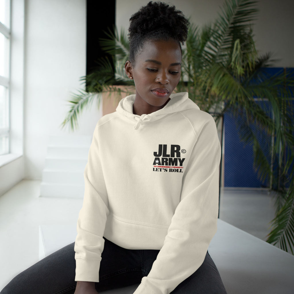 Model wearing the Ecru JLR© Army “Let’s Roll” hoodie, front view.