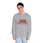 Woman wearing grey long sleeve unisex t-shirt featuring bold 'JLR© Investigates' graffiti-style logo in red, white, and black.