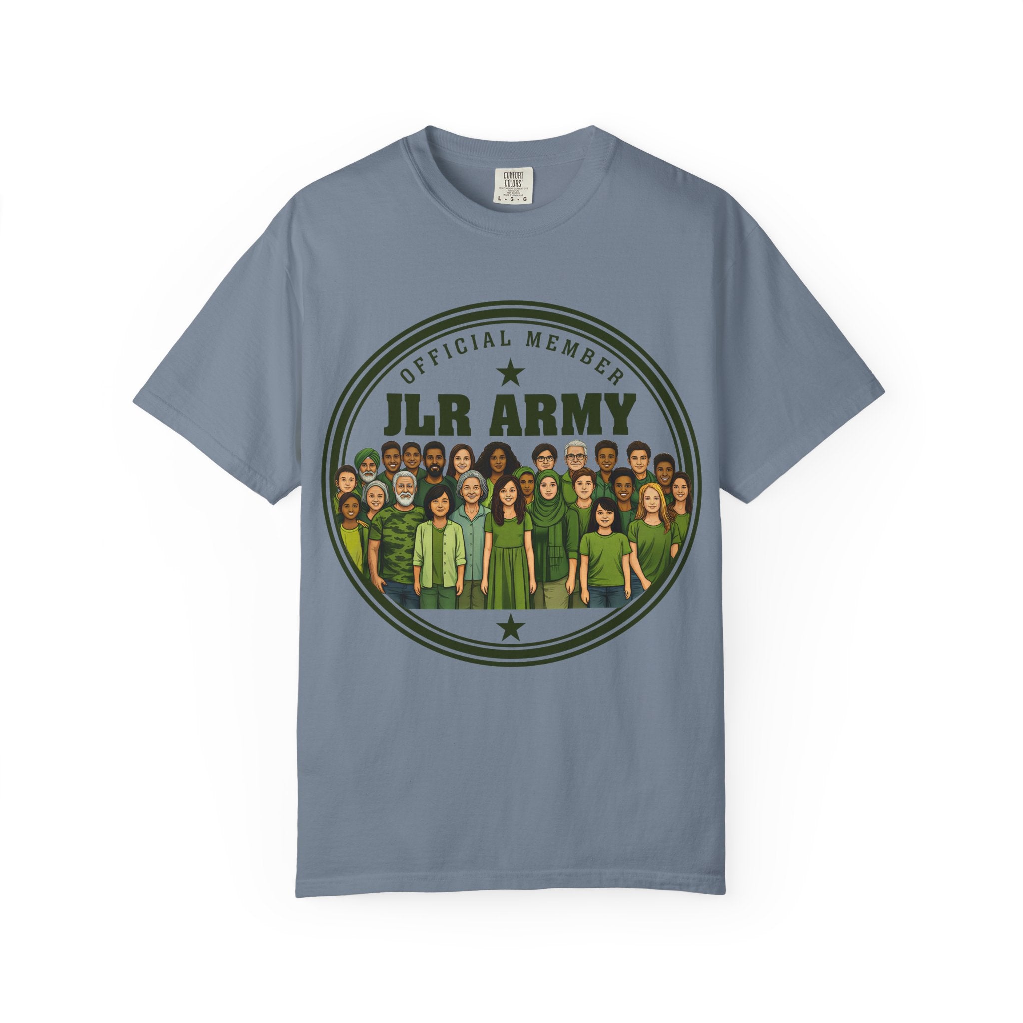 Gray t-shirt with 'ILR Army' graphic on a white background