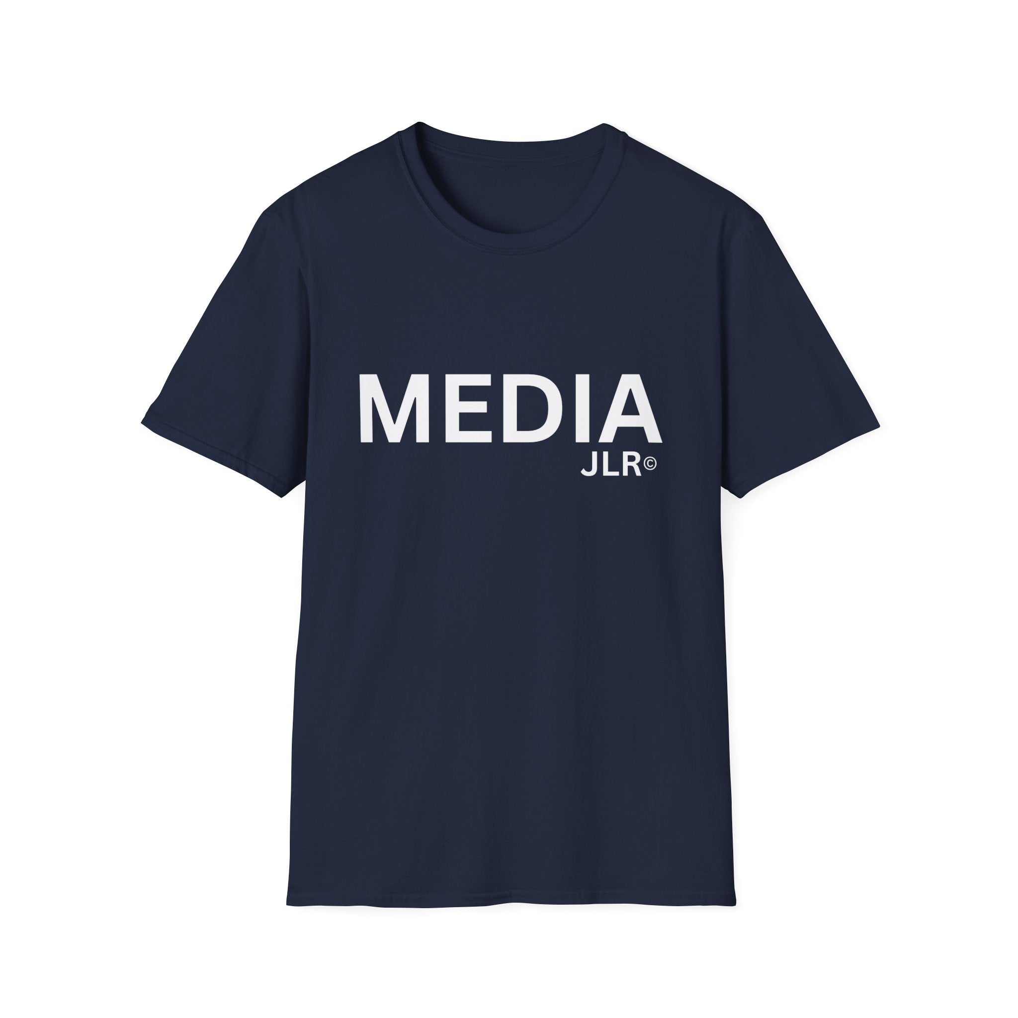 Navy blue unisex t-shirt with bold white text reading 'MEDIA JLR' — JLR Investigates apparel