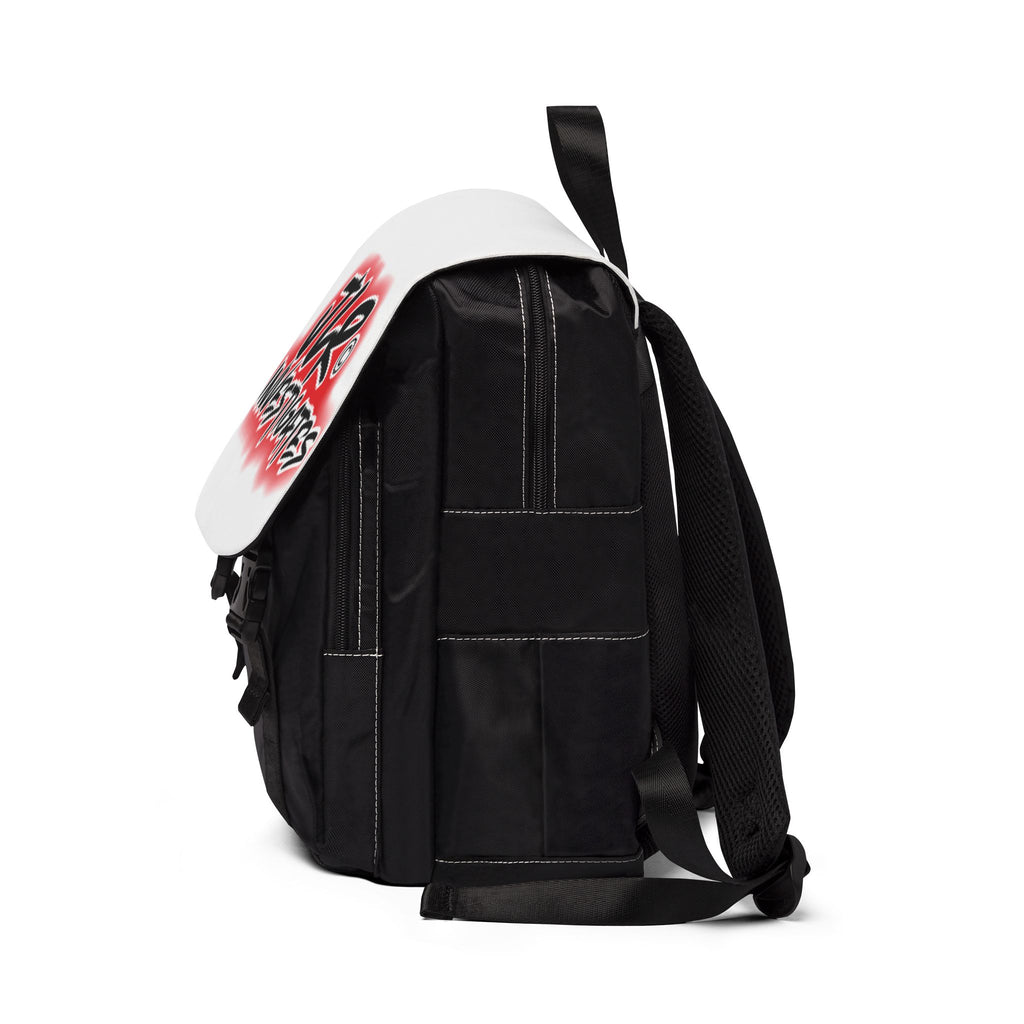 JLR© Investigates Logo Shoulder Backpack — side angle showing dual bottle pockets, buckle straps, and Oxford canvas construction