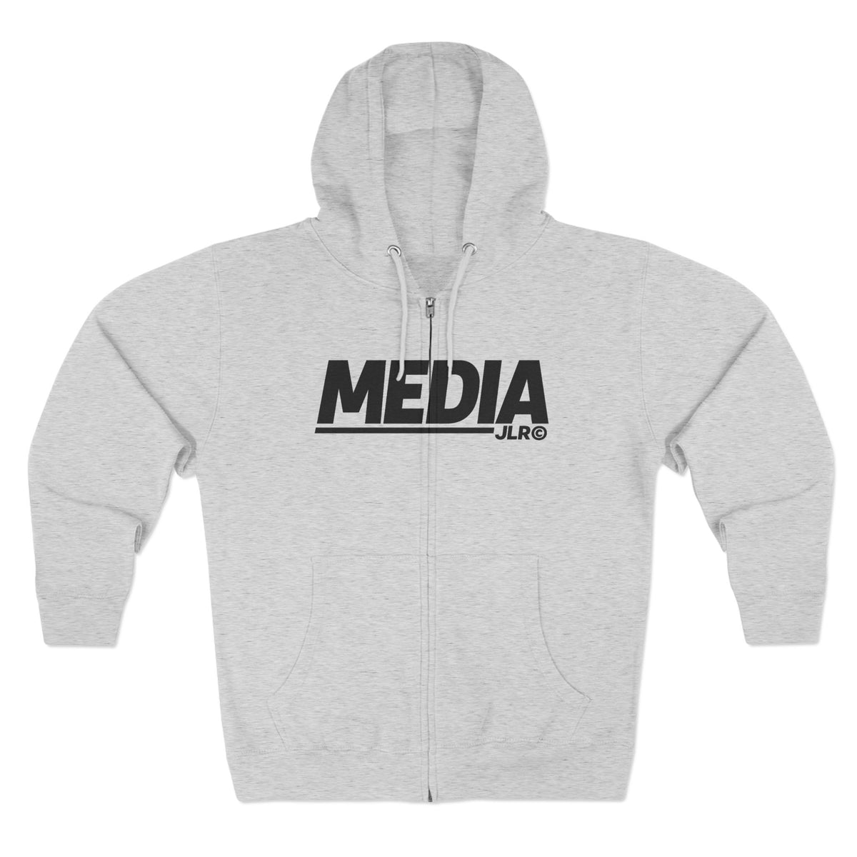 Heather Grey MEDIA zip hoodie with bold black MEDIA logo