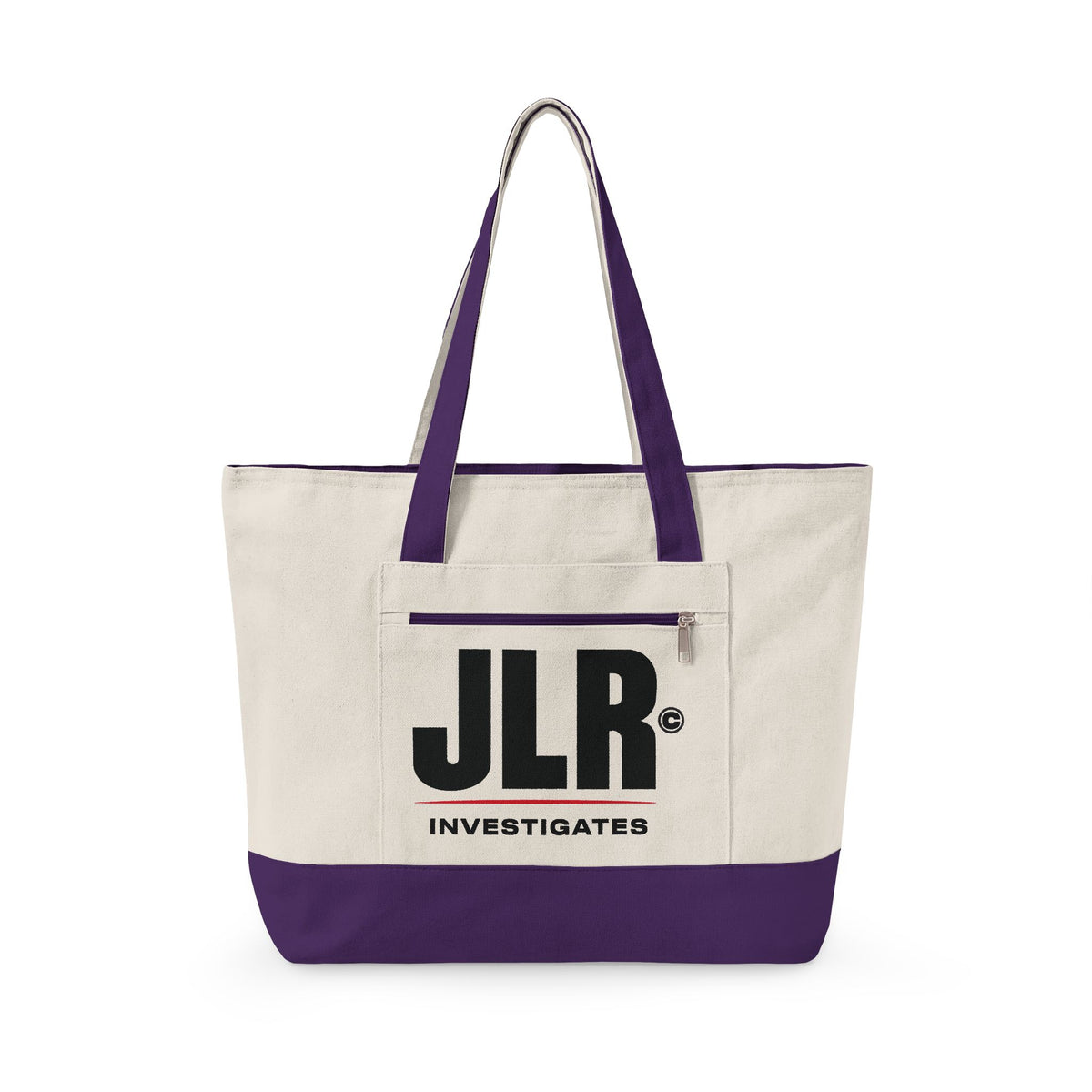 A canvas tote bag with an off-white body, purple handles and bottom trim, and a large black 'JLR INVESTIGATES' logo on the front pocket, shown on a plain white background.