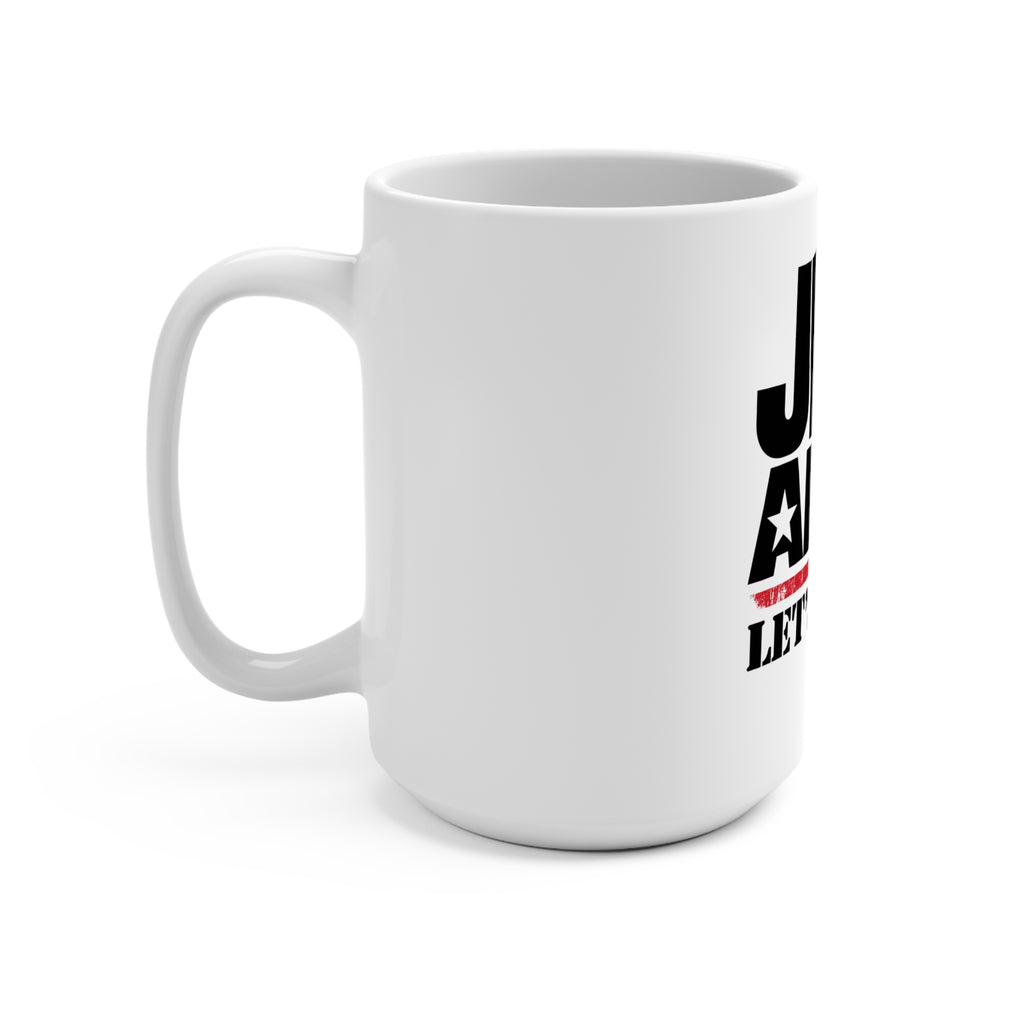Side view with handle on left of White JLR© Army ‘Let’s Roll’ ceramic mug with bold black lettering, a star detail, and a distressed red stripe on a white background