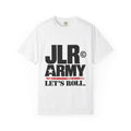 White JLR© Army ‘Let’s Roll’ crew-neck T-shirt with bold black lettering, a star detail, and a distressed red stripe on a white background.