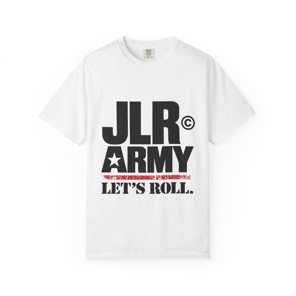 White JLR© Army ‘Let’s Roll’ crew-neck T-shirt with bold black lettering, a star detail, and a distressed red stripe on a white background.