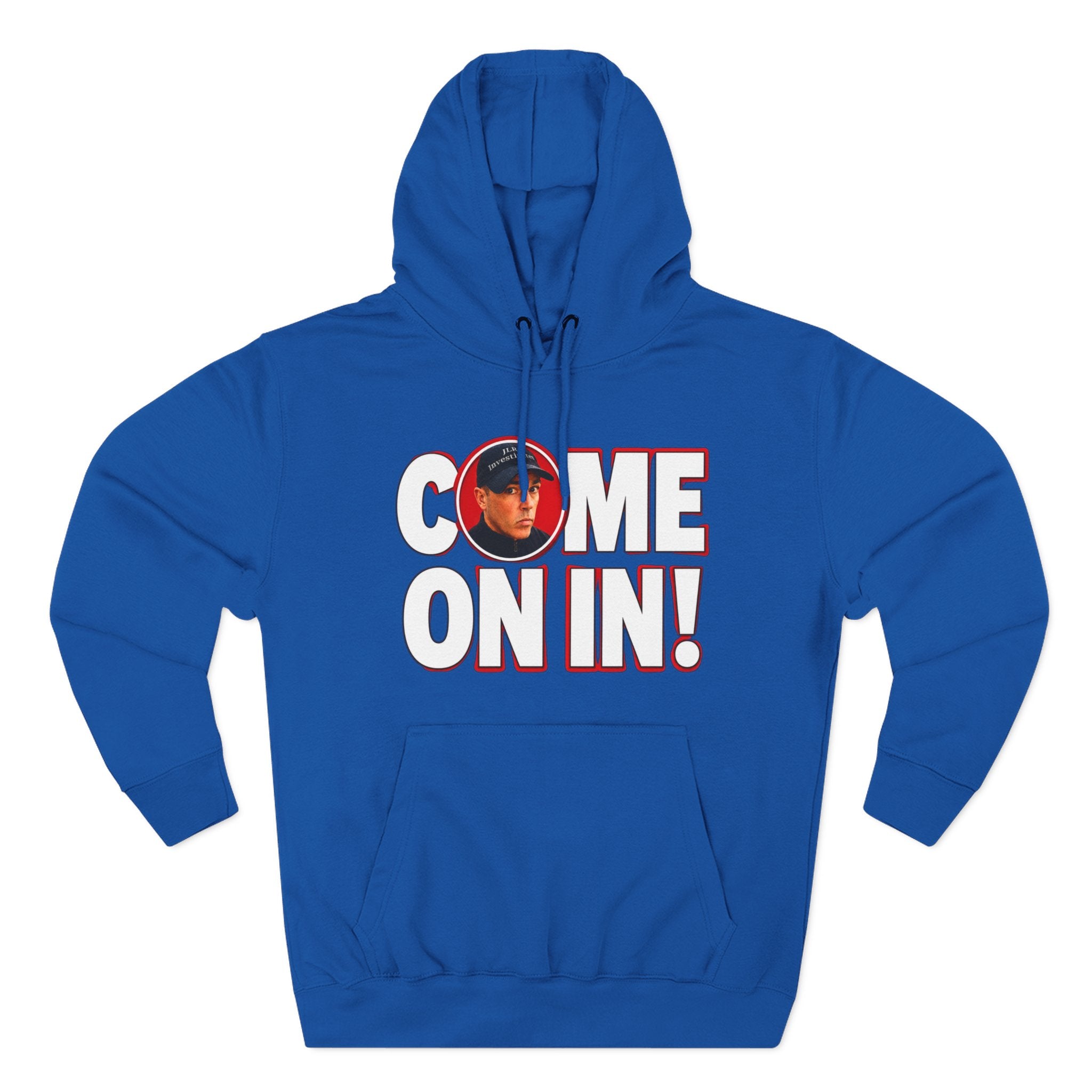 Royal Blue pullover hoodie featuring bold white 'COME ON IN!' text with a circular photo graphic replacing the letter O, printed on the chest