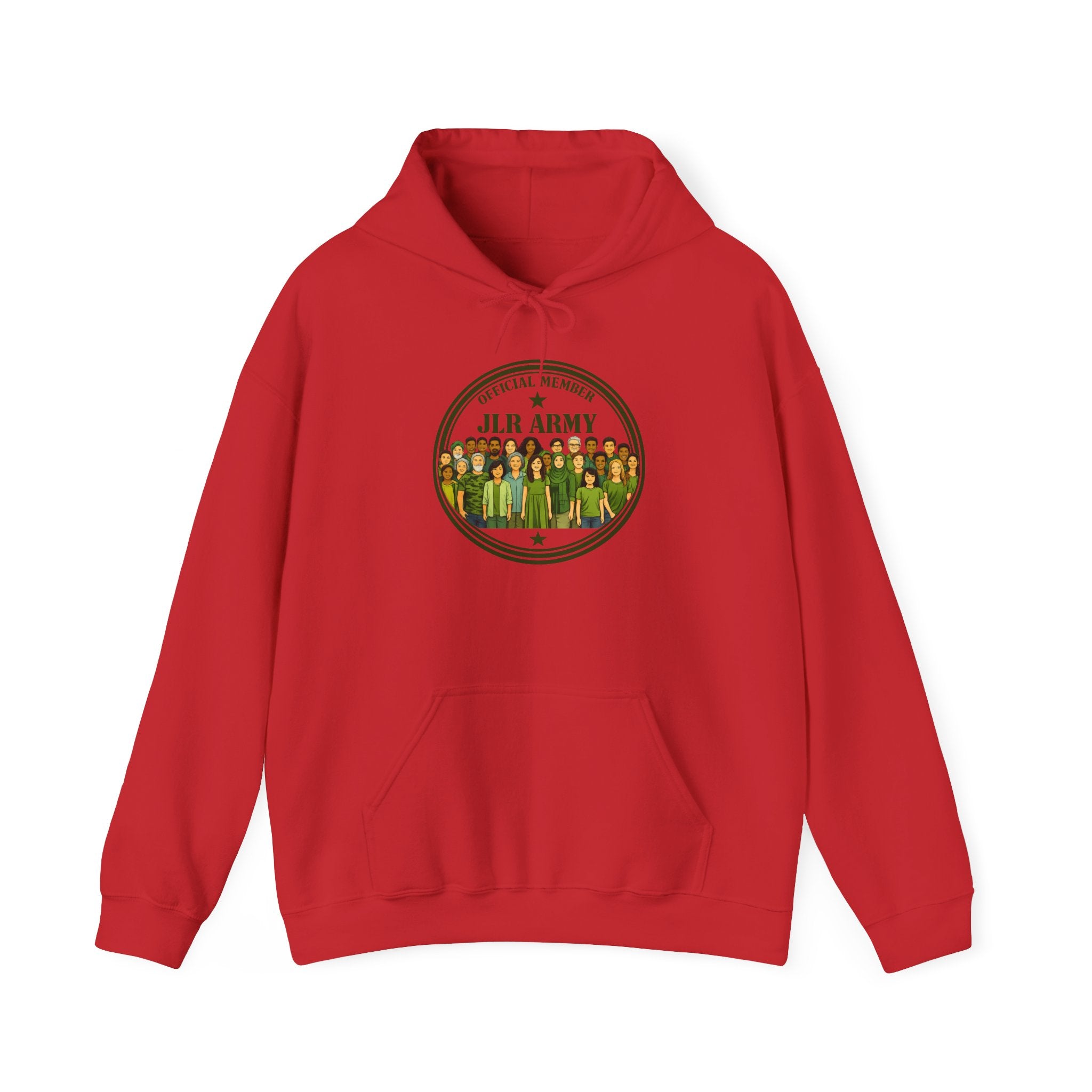 Red premium hoodie featuring the JLR© Army circular badge graphic with diverse illustrated figures on the chest