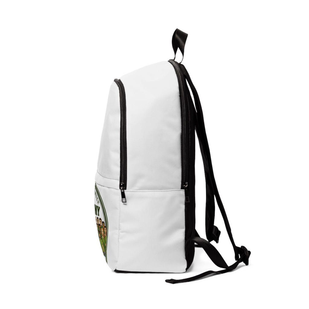 JLR Army backpack opposite side view — black zipper and strap detail — white nylon canvas — JLR Investigates
