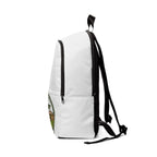 JLR Army backpack opposite side view — black zipper and strap detail — white nylon canvas — JLR Investigates