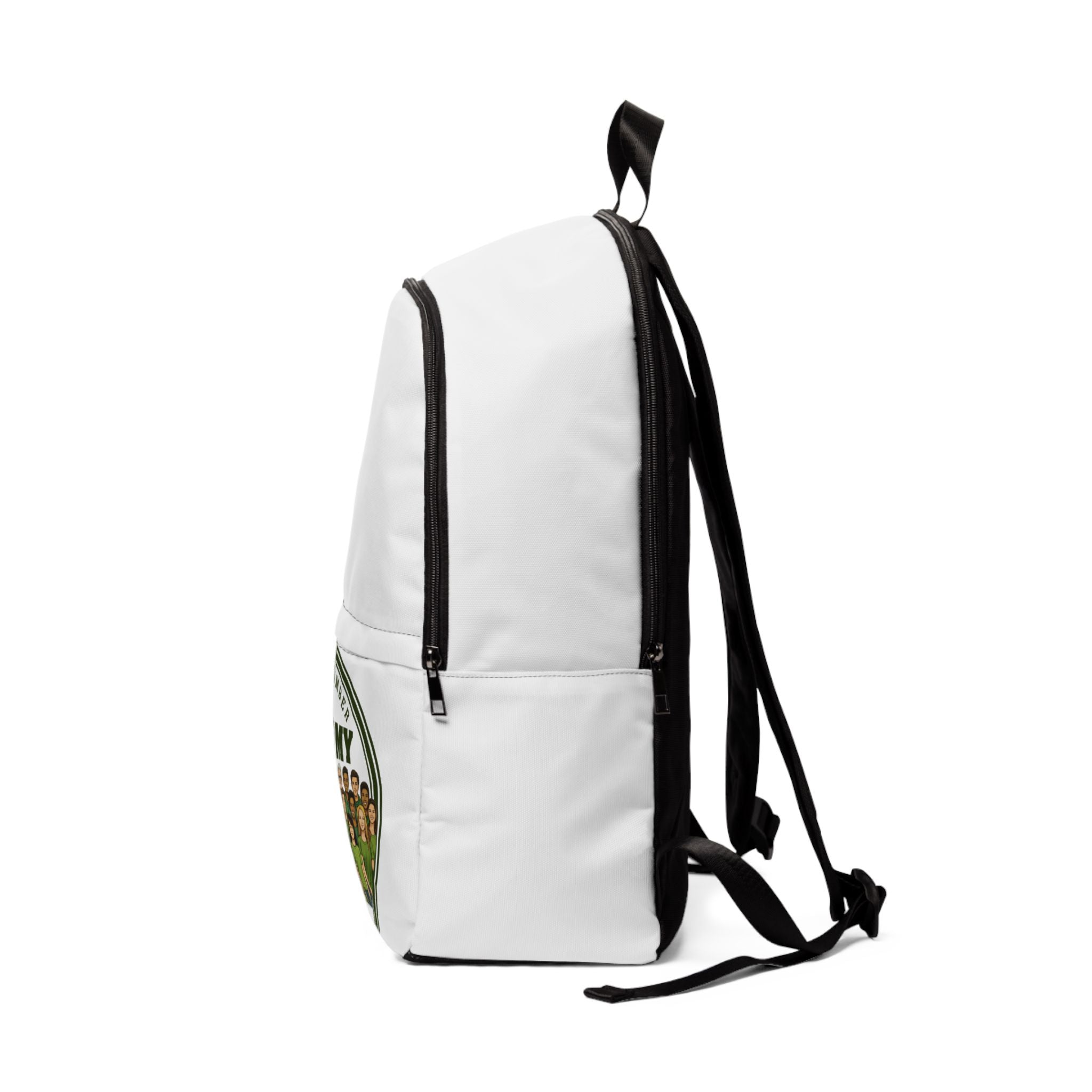 JLR Army backpack opposite side view — black zipper and strap detail — white nylon canvas — JLR Investigates