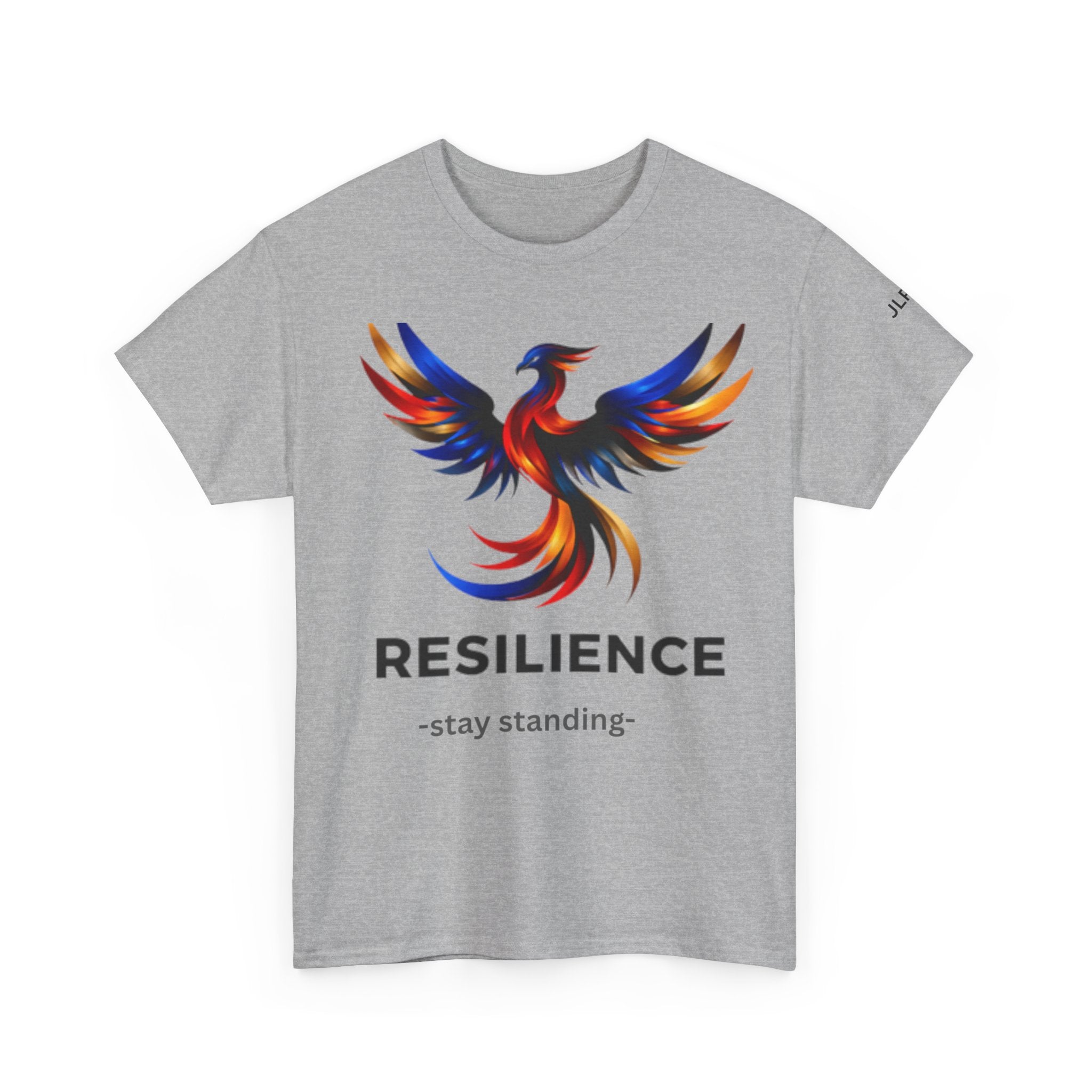 Light grey unisex t-shirt featuring a bold multicolor phoenix rising graphic with the word RESILIENCE and tagline 'Stay Standing' — JLR Investigates apparel