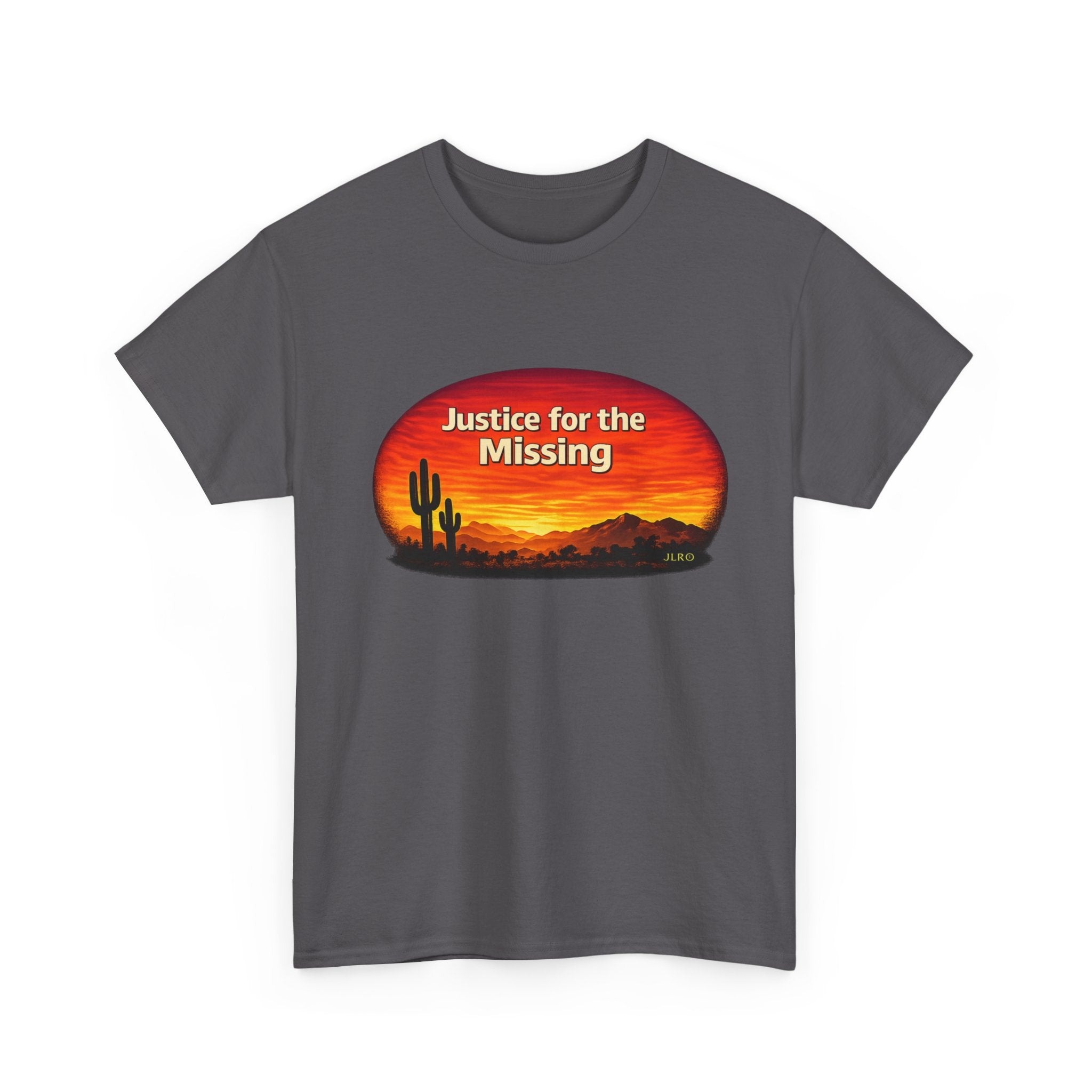 Charcoal unisex t-shirt featuring a bold 'Justice for the Missing' graphic with a desert sunset silhouette of saguaro cacti in warm red, orange, and gold tones