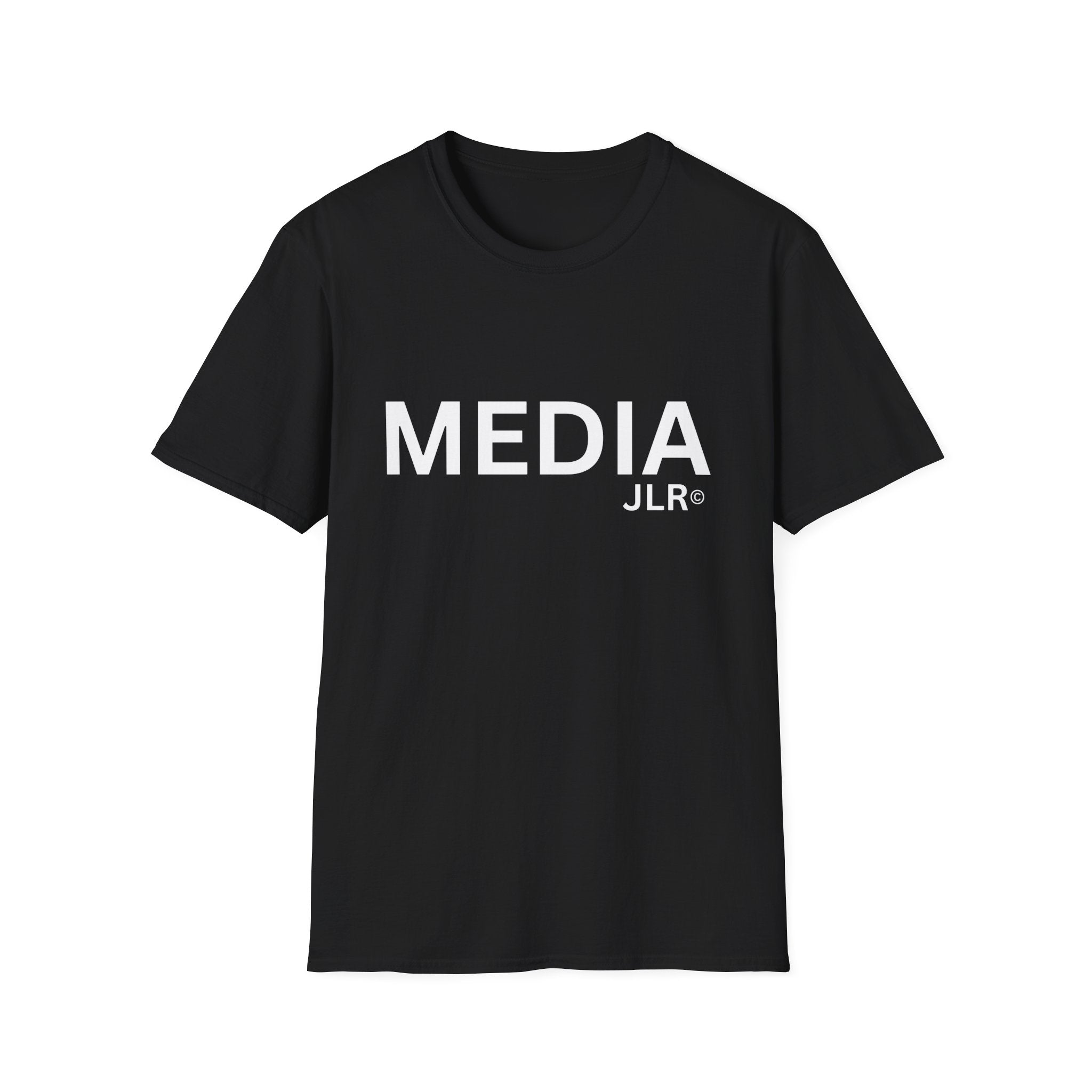 Black unisex t-shirt with bold white text reading 'MEDIA JLR' — JLR Investigates apparel