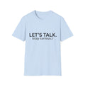 Let's Talk T-Shirt in light blue with black letters — bold JLR Investigates branded tee — JLR Investigates