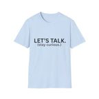 Let's Talk T-Shirt in light blue with black letters — bold JLR Investigates branded tee — JLR Investigates