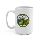 JLR© Army 15 oz white ceramic mug, handle on right, side view