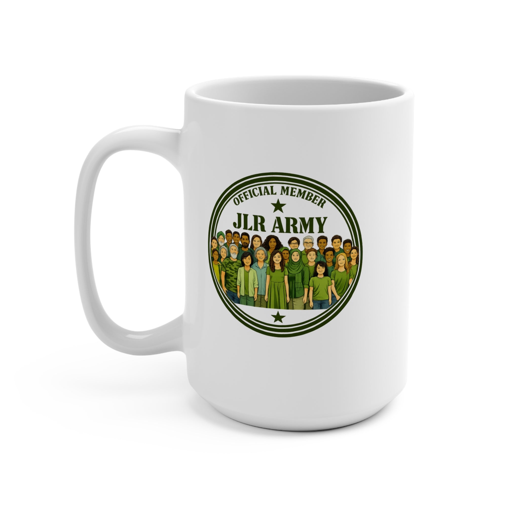 JLR© Army 15 oz white ceramic mug, handle on right, side view