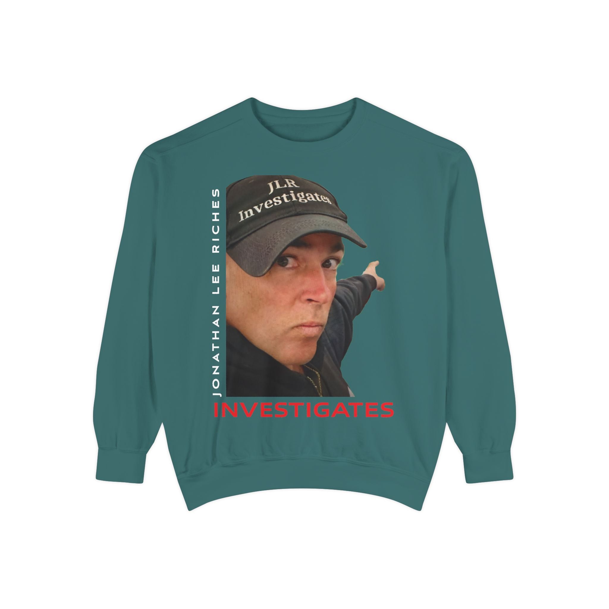 Jonathan Lee Riches Investigates Portrait Sweatshirt — "Investigates" Graphic Crewneck