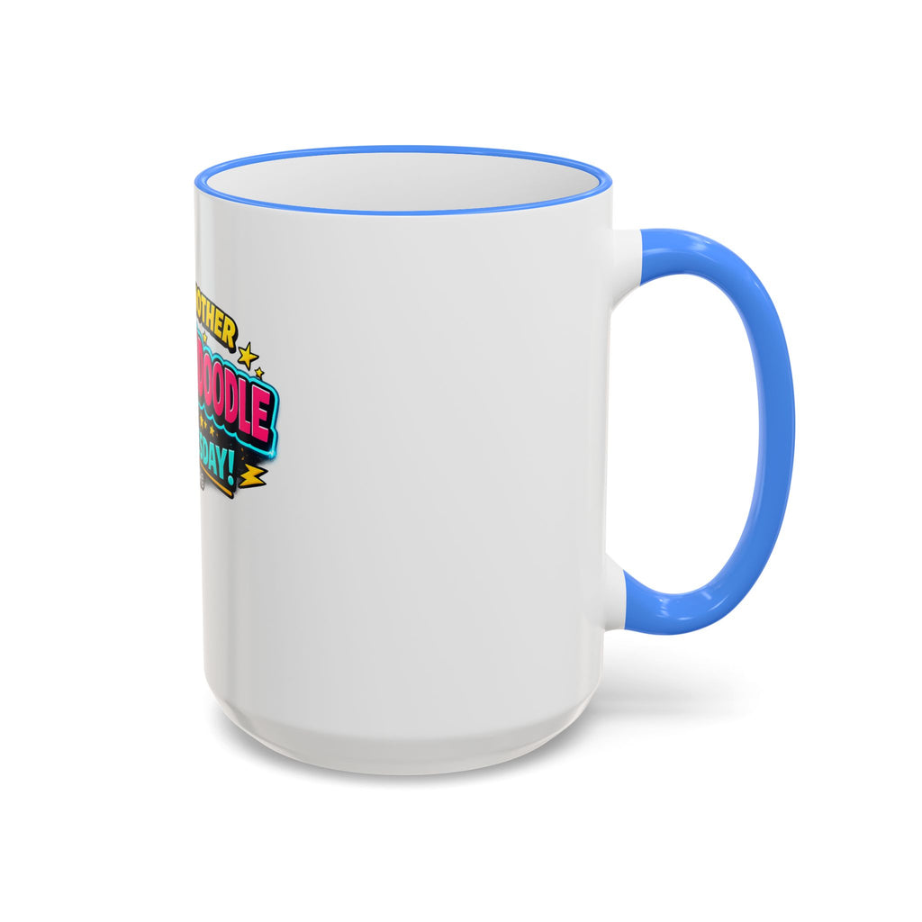 Whackadoodle Wednesday 15oz white ceramic coffee mug with blue rim and handle and bold graphic print — JLR Investigates