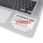 Evidence Bag sticker applied to a laptop keyboard — JLR© Investigates investigator vinyl decal