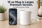  15 oz premium mug lifestyle shot with size comparison note