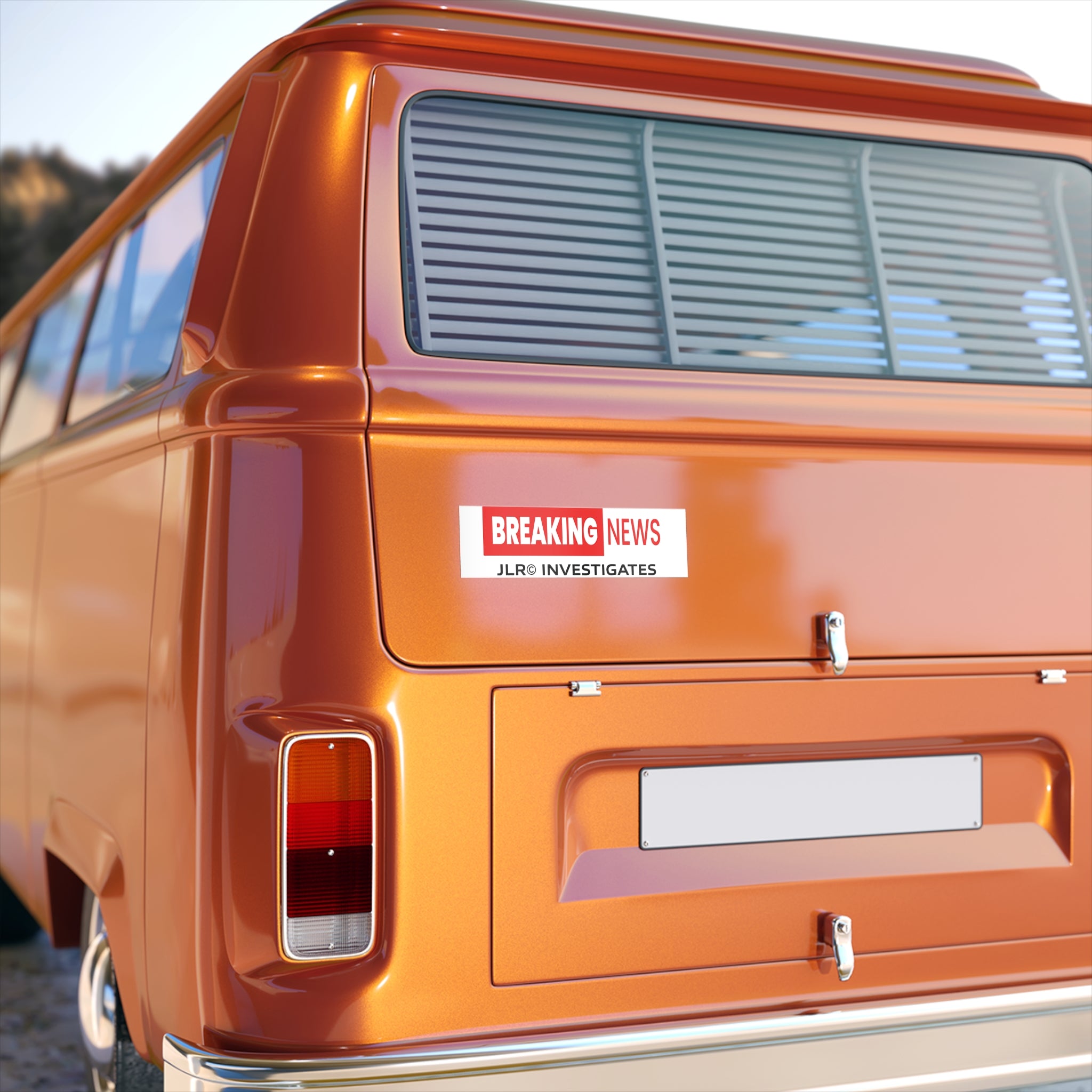 Breaking News! bumper sticker by JLR© Investigates — bold red and white design on premium weather-resistant vinyl, 11" × 3"
