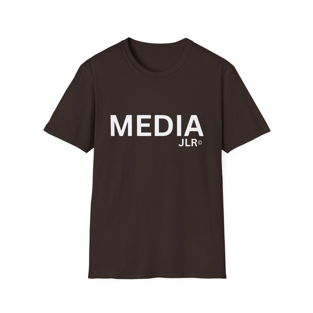 Brown unisex t-shirt with bold white text reading 'MEDIA JLR' — JLR Investigates apparel