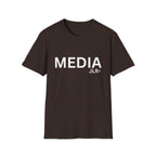 Brown unisex t-shirt with bold white text reading 'MEDIA JLR' — JLR Investigates apparel