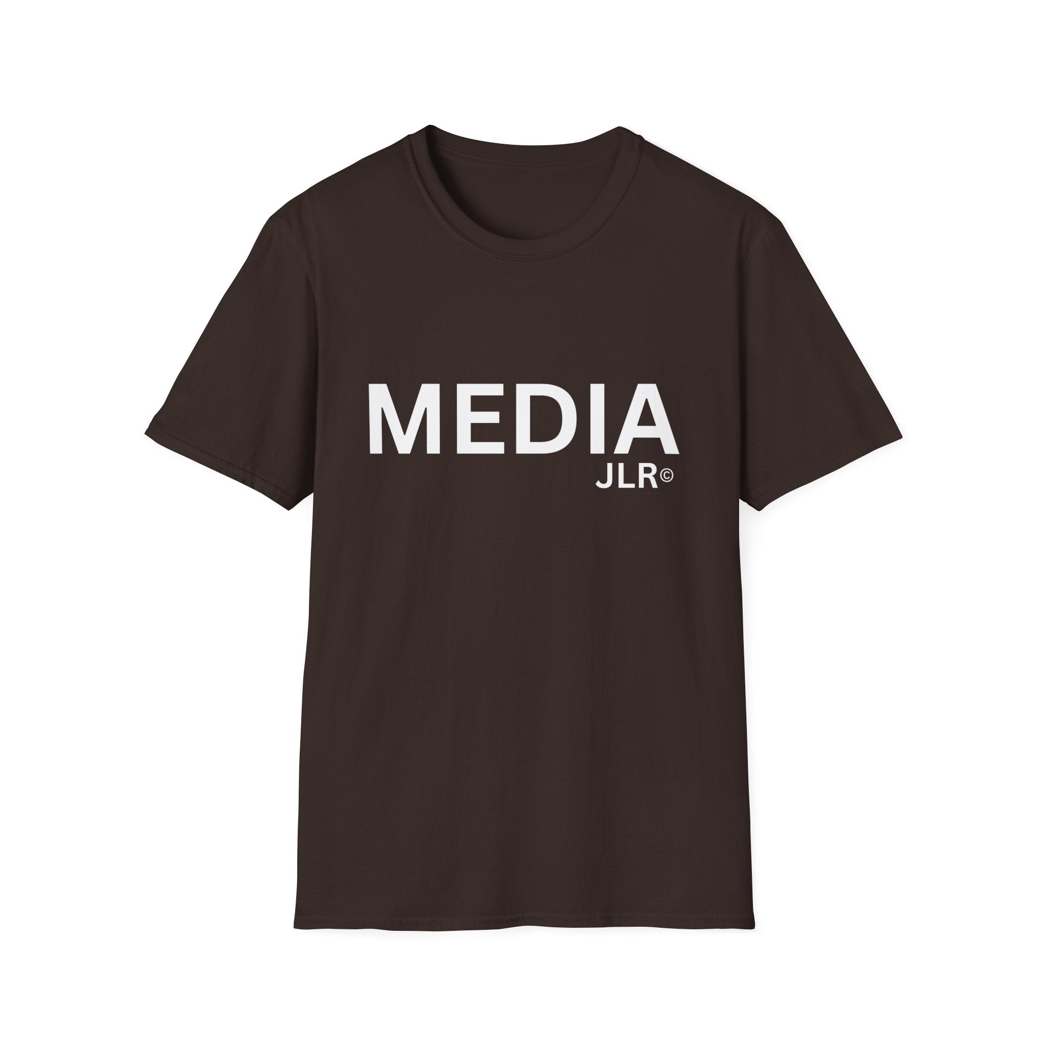Brown unisex t-shirt with bold white text reading 'MEDIA JLR' — JLR Investigates apparel