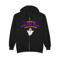Whackadoodle Halloween Full-Zip Hoodie in Black — front view with Happy Halloween ghost graph