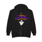 Whackadoodle Halloween Full-Zip Hoodie in Black — front view with Happy Halloween ghost graph