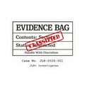 Evidence Bag kiss-cut sticker with classified stamp, case number JLR-2026-001, and JLR Investigates branding on white background