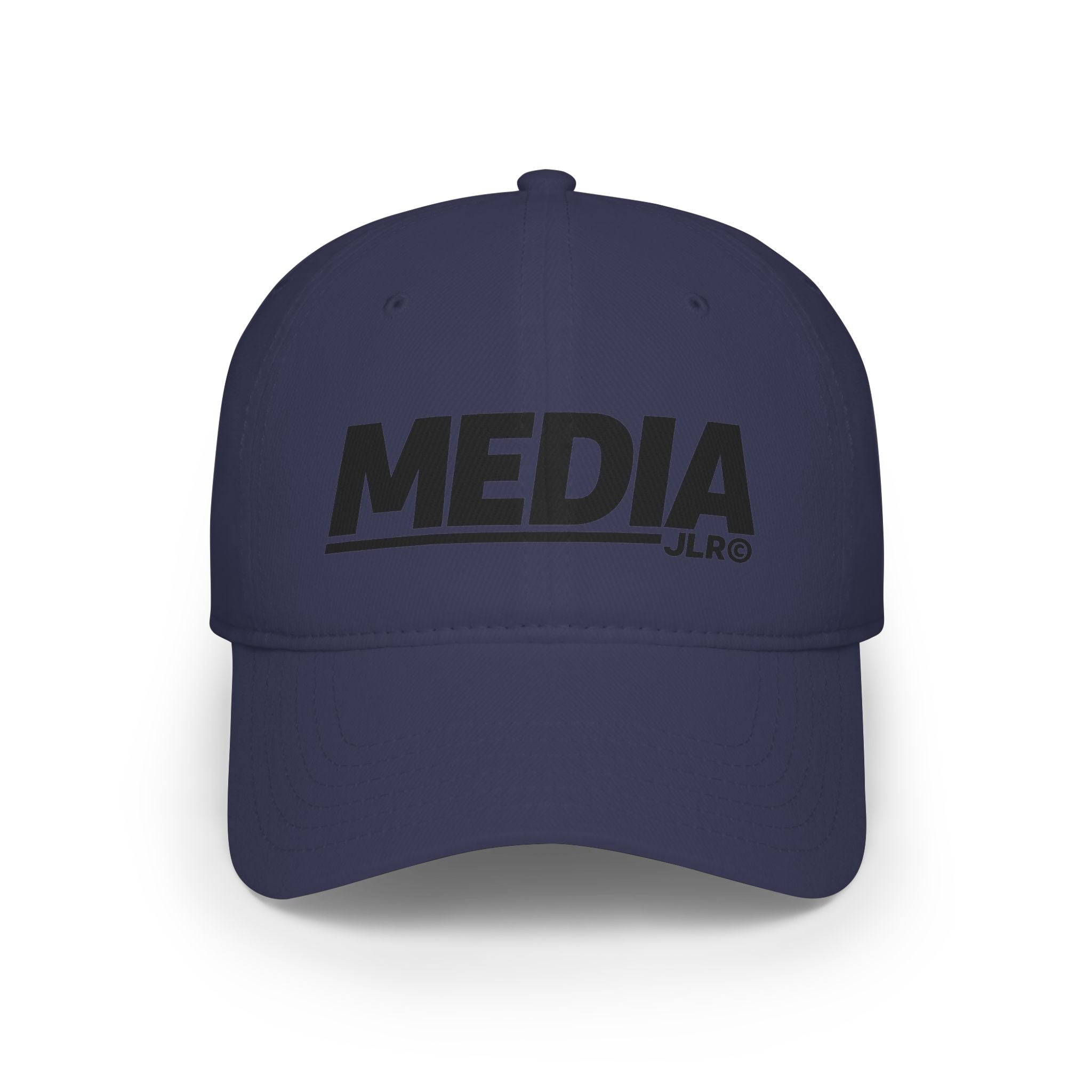 Media baseball cap in navy with bold black MEDIA logo, front view — JLR Investigates