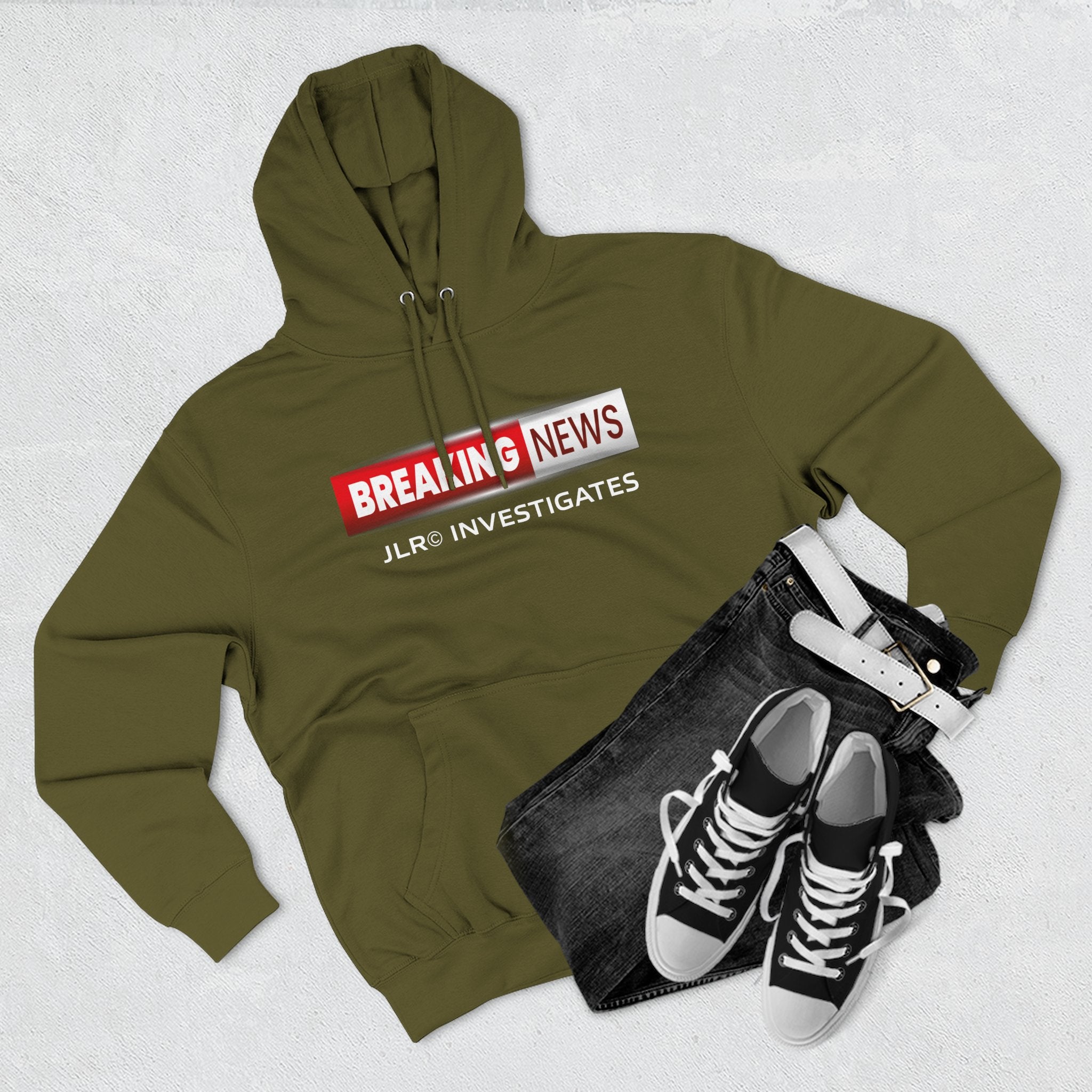 Breaking News Hoodie — "JLR© Investigates" Graphic Pullover