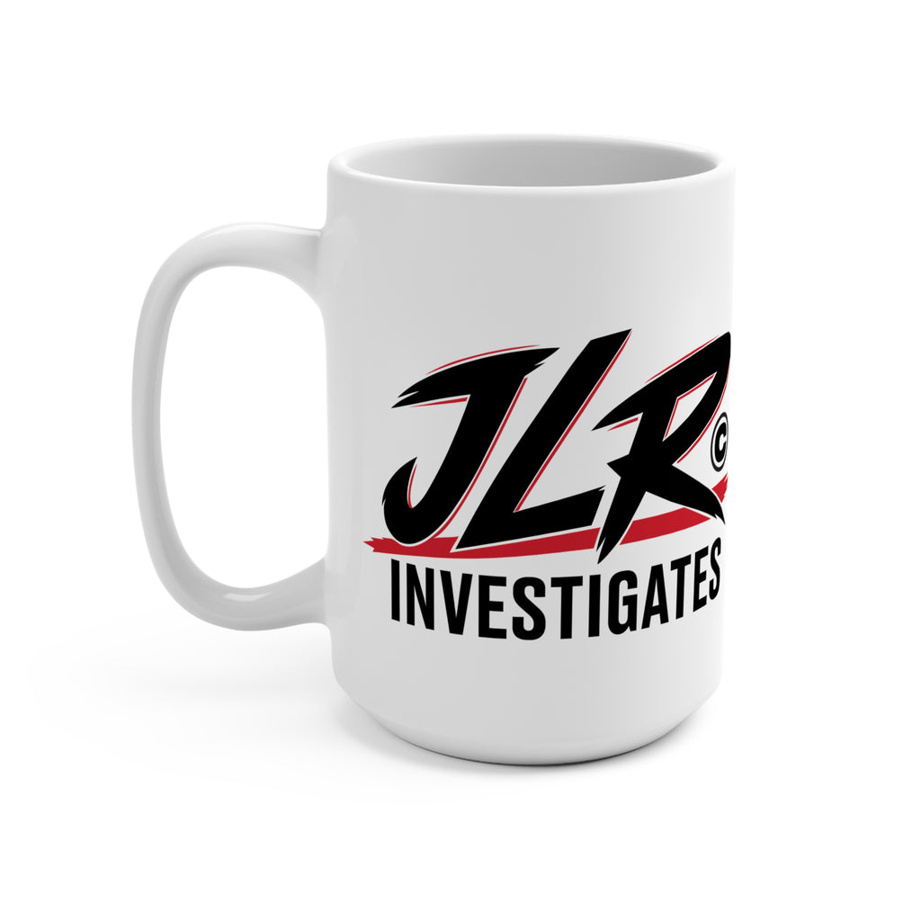 Glossy white ceramic JLR© Bold Logo Mug featuring the black-and-red Investigates logo.
