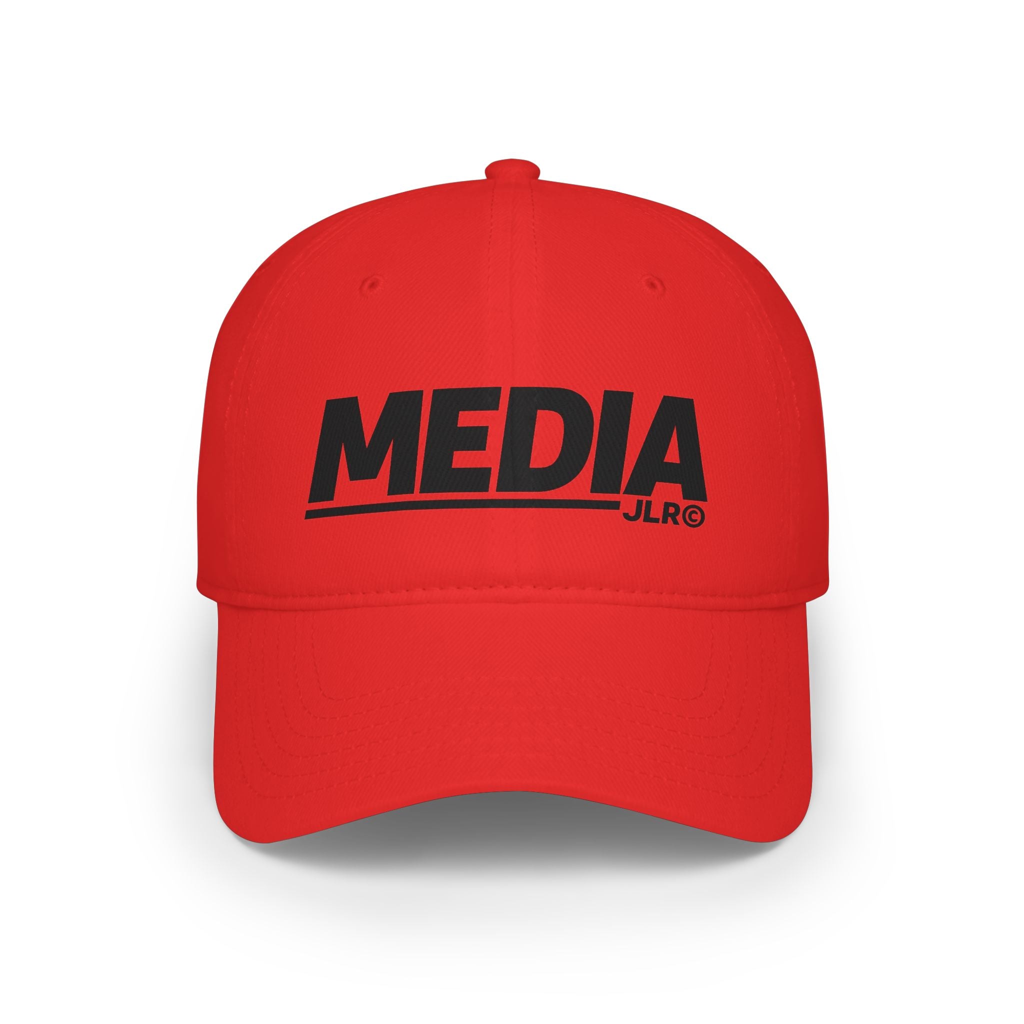 Media baseball cap in red with bold black MEDIA logo, front view — JLR Investigates
