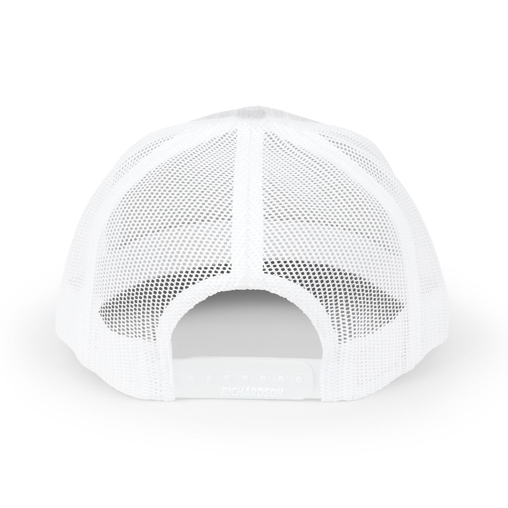 White trucker hat interior view showing mesh back and snapback closure