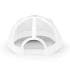 White trucker hat interior view showing mesh back and snapback closure