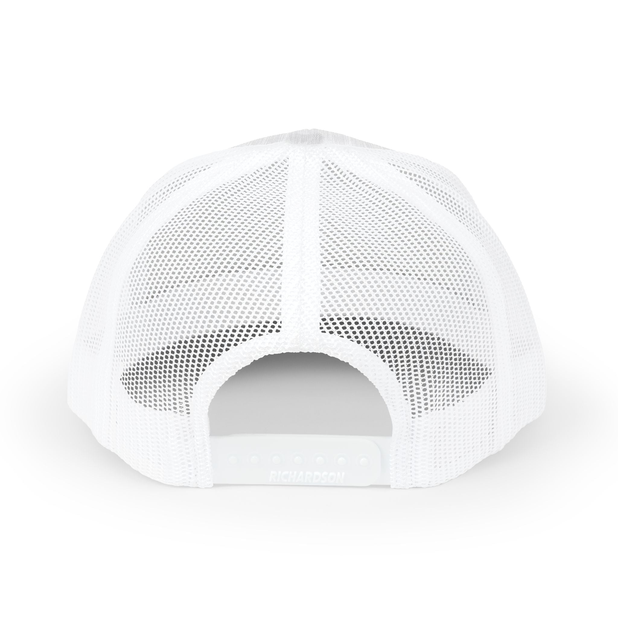 White trucker hat interior view showing mesh back and snapback closure