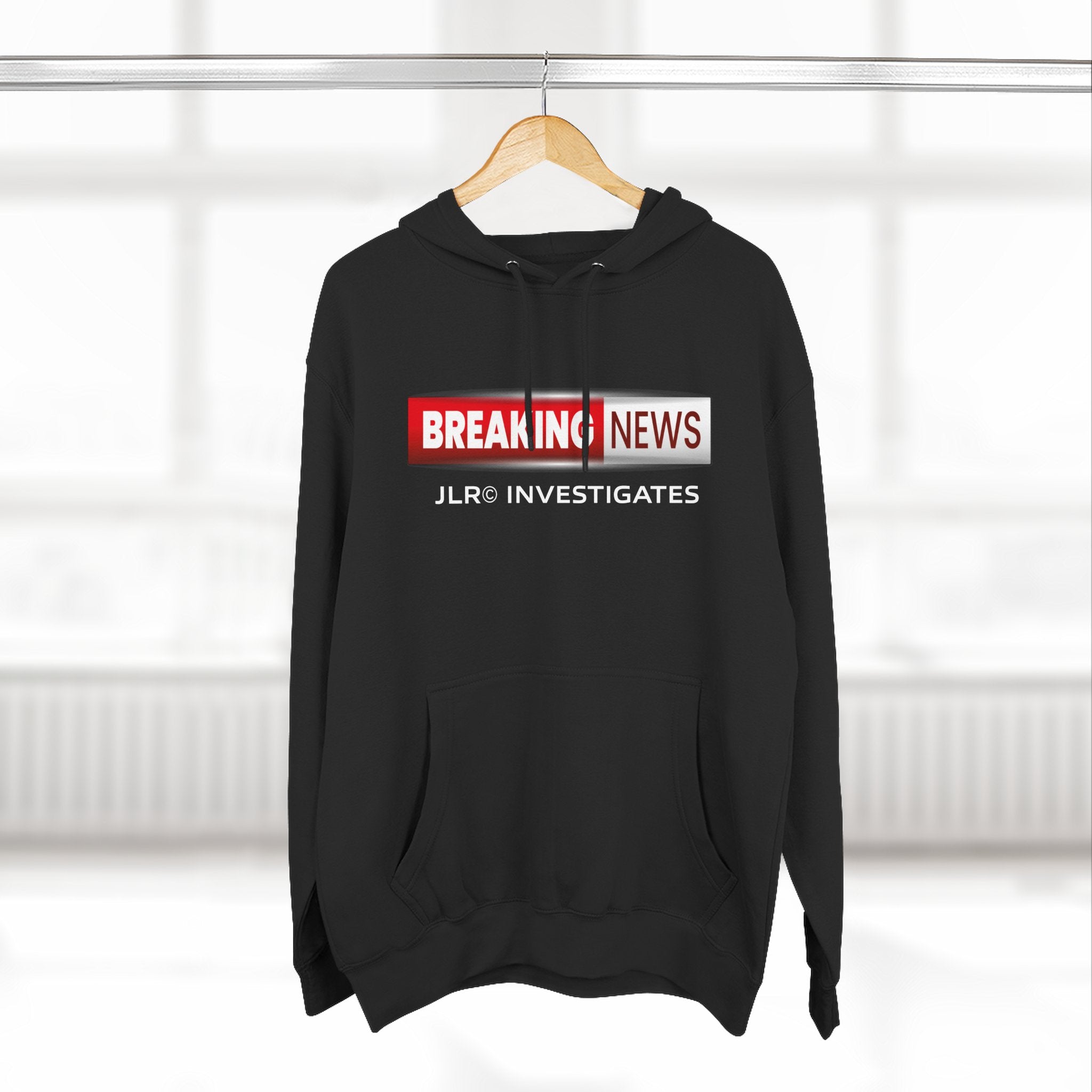 Breaking News Hoodie — "JLR© Investigates" Graphic Pullover