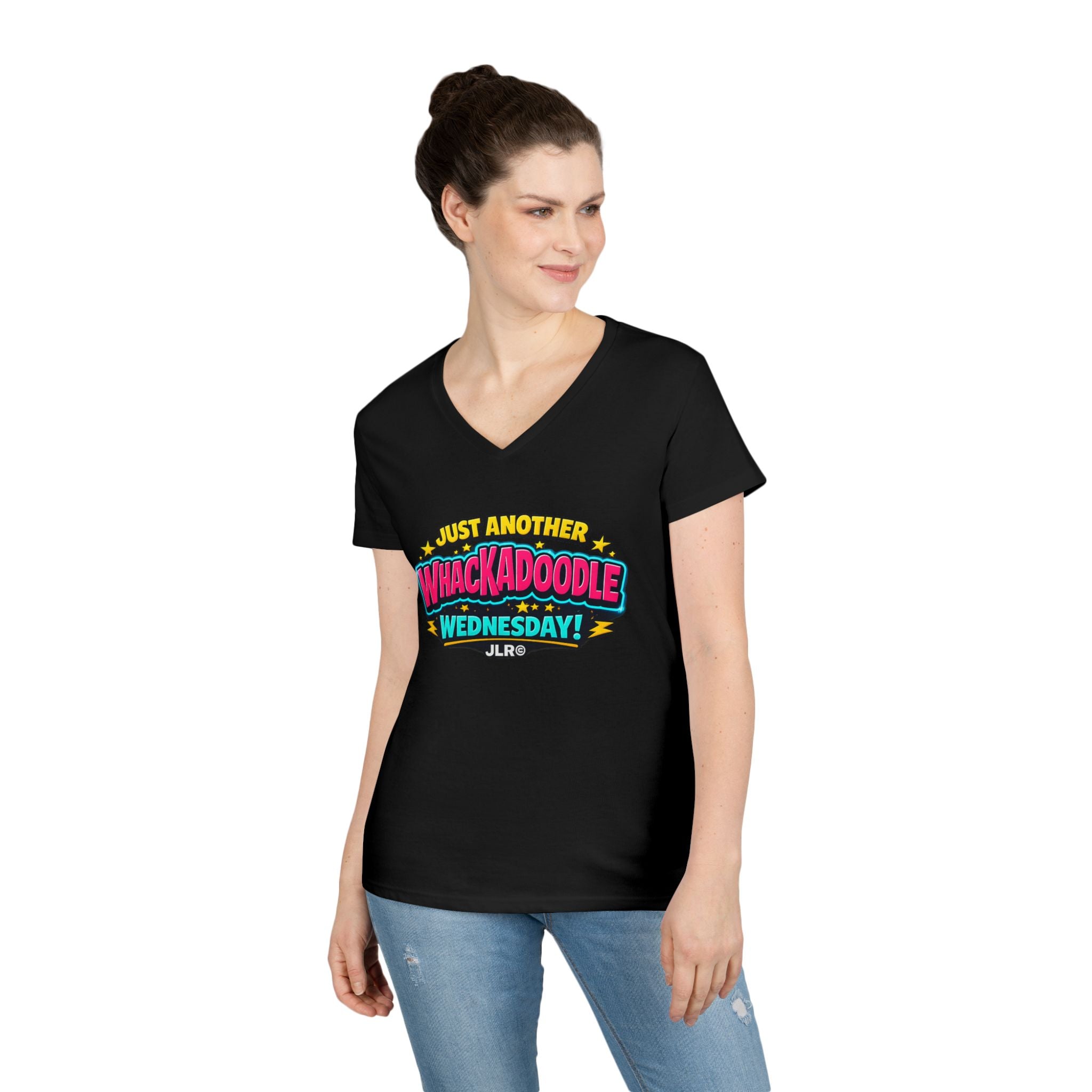 Woman wearing Whackadoodle Wednesday V-Neck T-Shirt in Black – JLR© Investigates