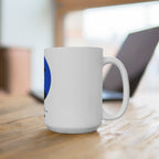 White 15 oz JLR© Investigates photo mug with blue portrait graphic shown in a desk setting