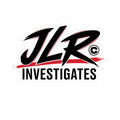 A die-cut sticker featuring the stylized text 'JLR INVESTIGATES' in black with red brushstroke accents and a white outline, shown on a plain white background.