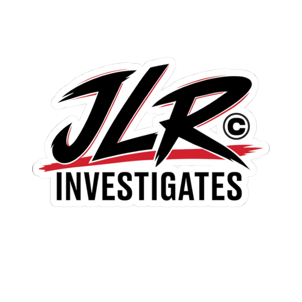 A die-cut sticker featuring the stylized text 'JLR INVESTIGATES' in black with red brushstroke accents and a white outline, shown on a plain white background.