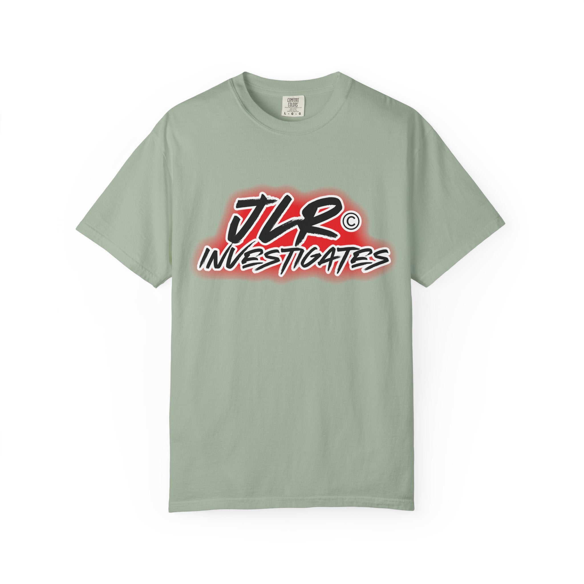 JLR© Investigates t-shirt in Bay — front graphic view