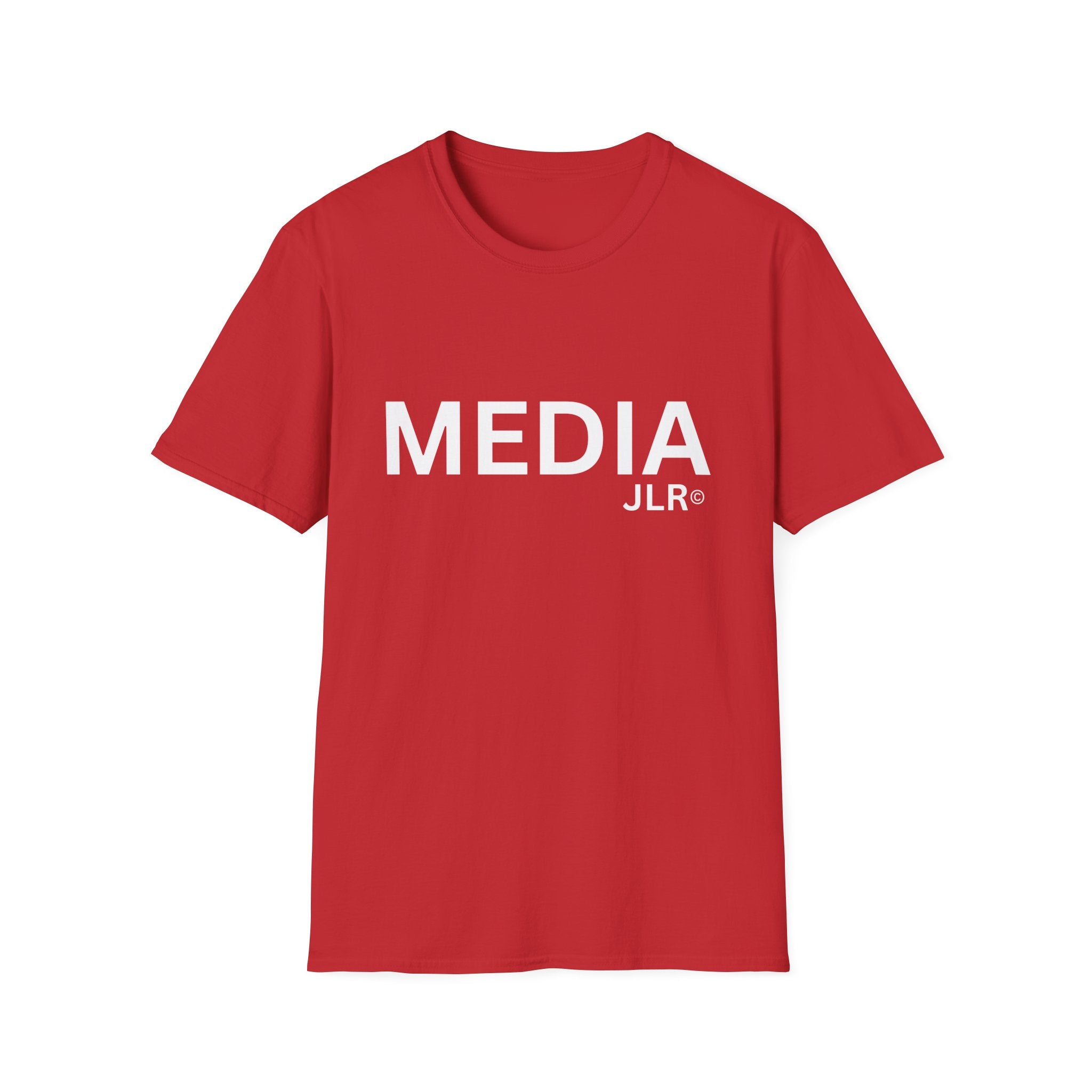 Red unisex t-shirt with bold white text reading 'MEDIA JLR' — JLR Investigates apparel